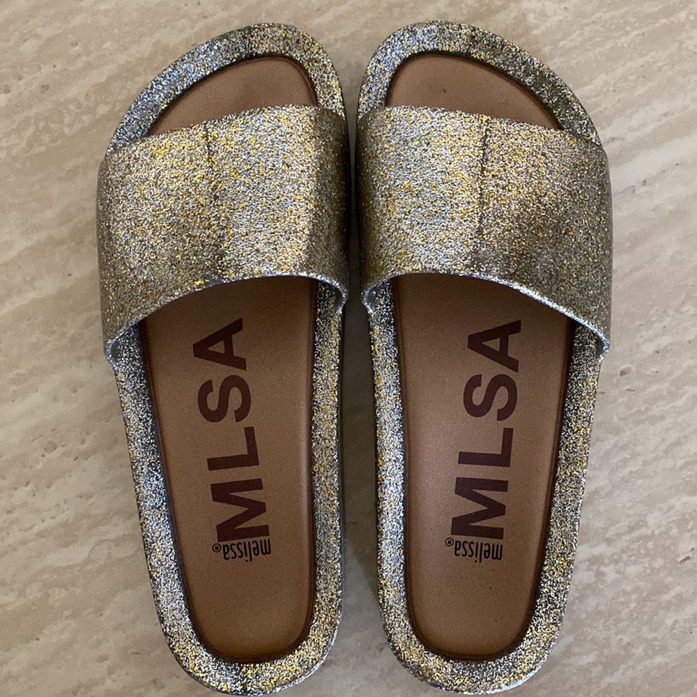 Melissa Gold Sparkle Slide Sandal, Size 8